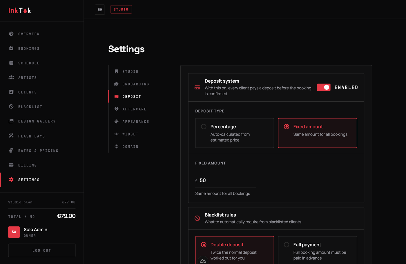 Deposit settings, with the amount and the payment method